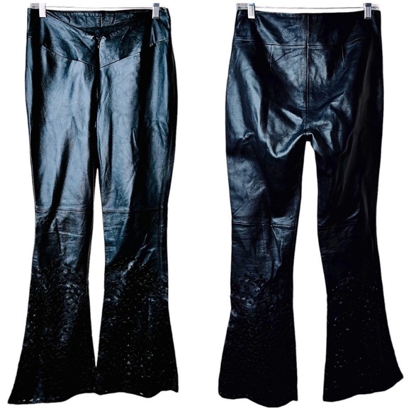 AOC Absence of Color Black Genuine Leather Pants Low Rise Flared Laser Cut 6 - Picture 1 of 15
